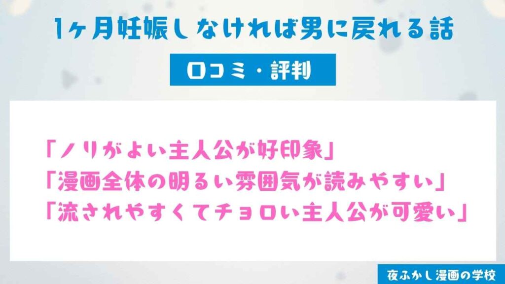 『1ヶ月妊娠しなければ男に戻れる話』を読んだ43名の口コミ・評判を紹介