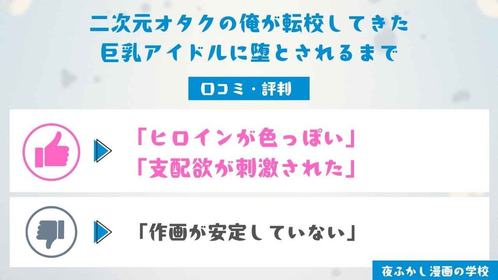 『二次元オタクの俺が転校してきた巨乳アイドルに堕とされるまで』の口コミ【読者10名に独自アンケート調査】